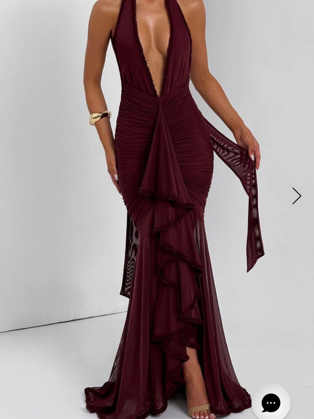 Plunging Deep Burgundy Halter Maxi Dress with Ruffle Cascade - NWOT
